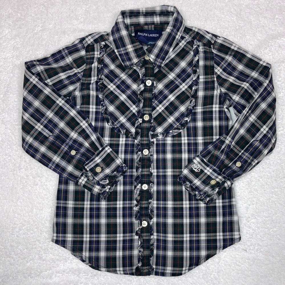 Ralph Lauren 3t navy green plaid ruffle button down blouse
